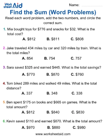 Match Word Problem to Sum