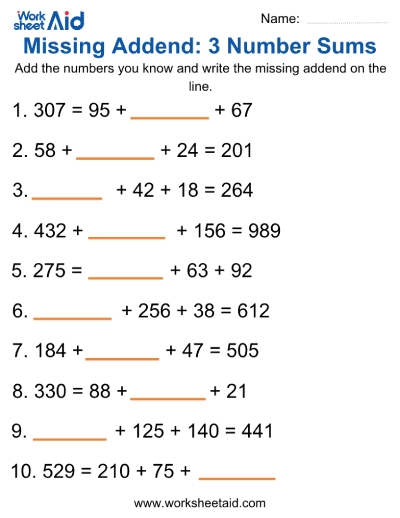 Missing Addend (3-Number)