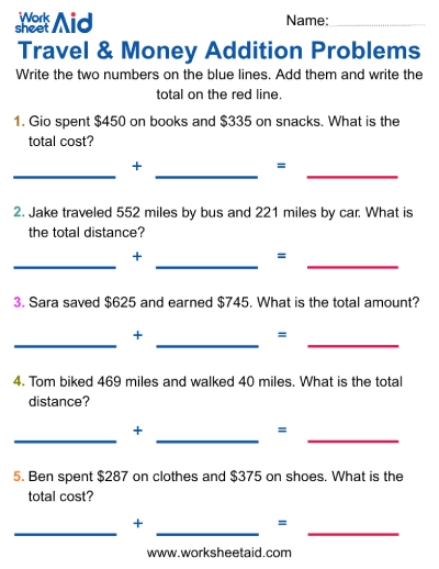 Travel and Money Addition Word Problems